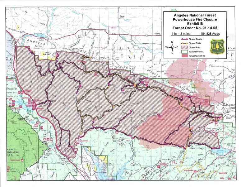 The Powerhouse Fire closure area as of April 25, 2014. See the Angeles National Forest web site for details and the most current information.
