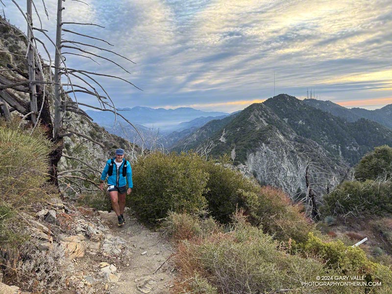 Runner on the San Gabriel Peak Trail during the 2024 ANFTR 25K, working up toward Mt. Disappointment. Mt. Wilson is the peak with the towers. West Fork is in the canyon on the left.