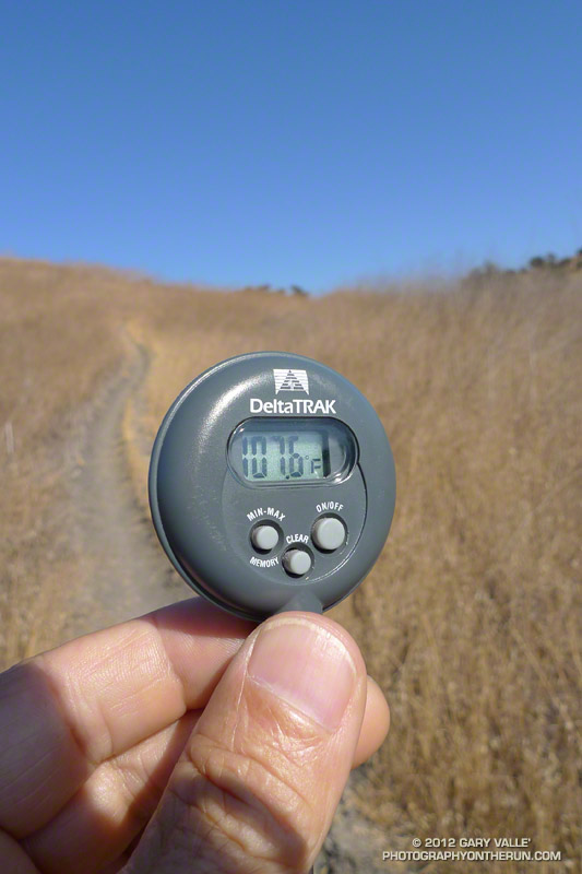 Temperature (107.6) a few feet off the ground with a moderate breeze on a nortwest-facing slope in full sun at Ahmanson Ranch at about 4:45 pm, August 7, 2012.
