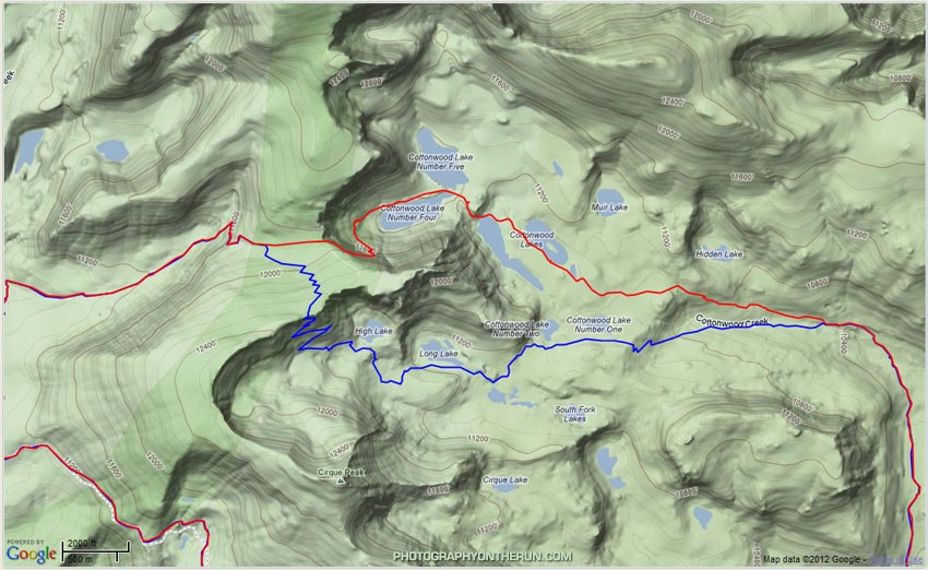 GPS tracks of routes using Army Pass (red) and New Army Pass (blue).
