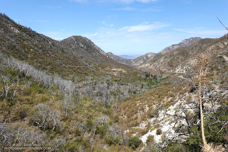 View down Arroyo Seco from the Gabrielino Trail, about 1.5 miles from Red Box. The Gabrielino Trail is on the left (south) side of the canyon and Angeles Crest Highway on the right. Josephine Peak is the higher peak on the right.