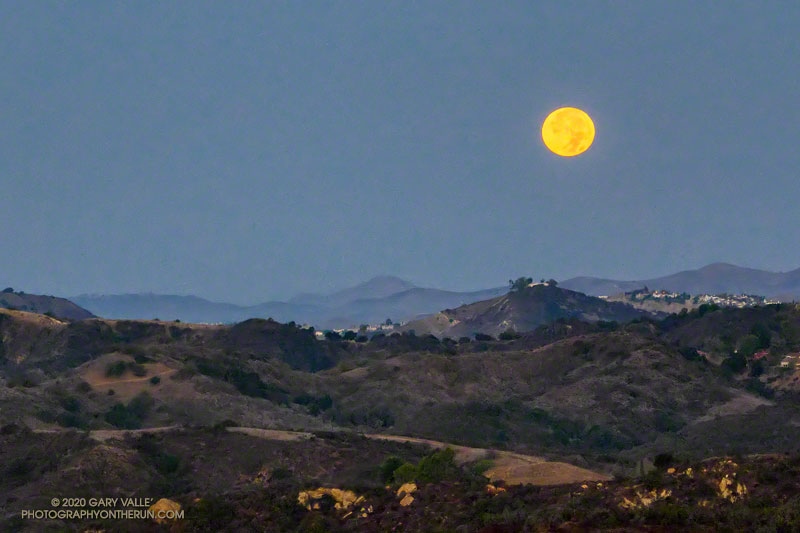 Setting full Moon, a few minutes before sunrise on Halloween 2020, from Fire Road 30 & dirt Mullholland, in the Santa Monica Mountains.