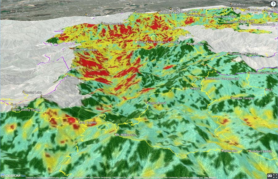 3D terrain snapshot of Bobcat Fire Soil Burn Severity and some Angeles National Forest trails