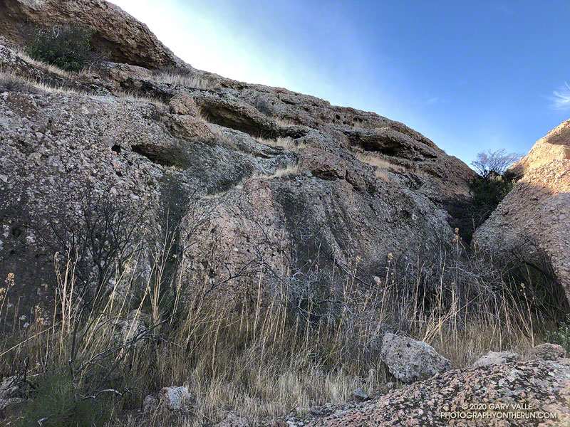 This is the upper northeast face of Boney Bluff. I climbed the short, steep crack to the grassy ramp in the center of the photo, and then zig-zagged up the ledges above. November 21, 2020.