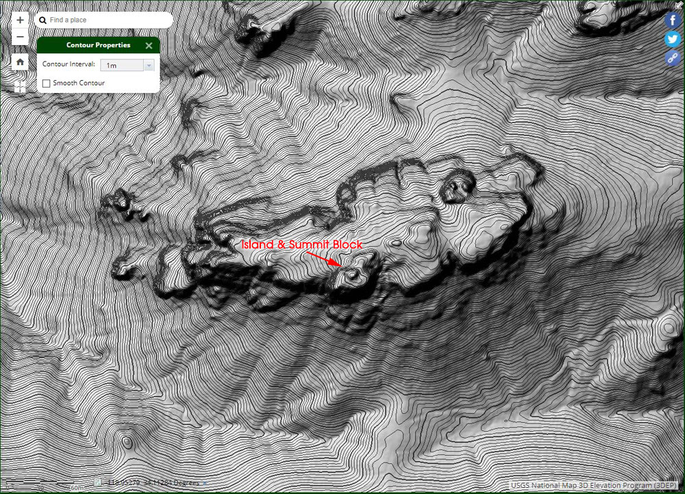 Lidar-based 1-meter resolution 3DEP elevation contours of Boney Bluff. The location of the 