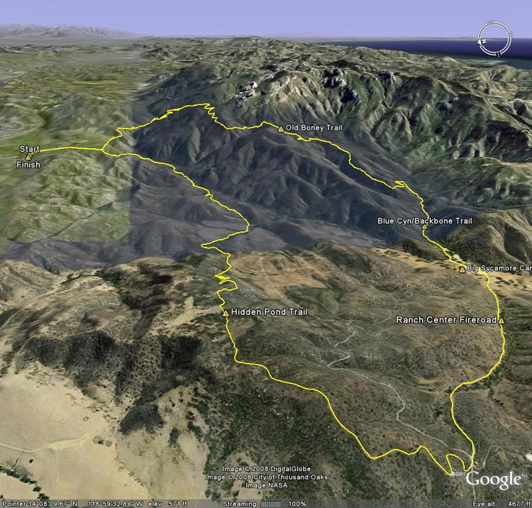Google Earth image of a GPS trace of the January 2008 Boney Mountain Half Marathon.