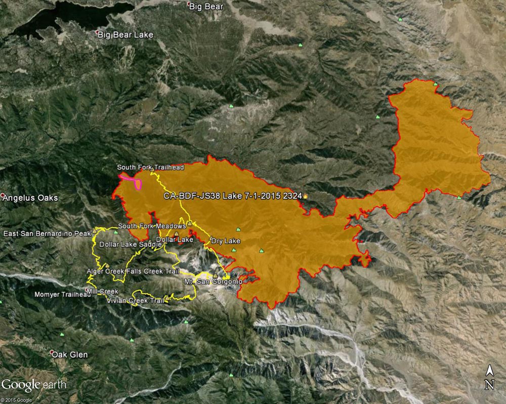 Google Earth image of 2015 Lake Fire perimeter from GEOMAC timestamped 07/01/15 2324. Placemark locations are approximate. The yellow GPS tracks show some of the trails in the area. The small magenta area on the NW of the fire perimeter is the initial perimeter from GEOMAC timestamped about 8 hours after the fire was reported.