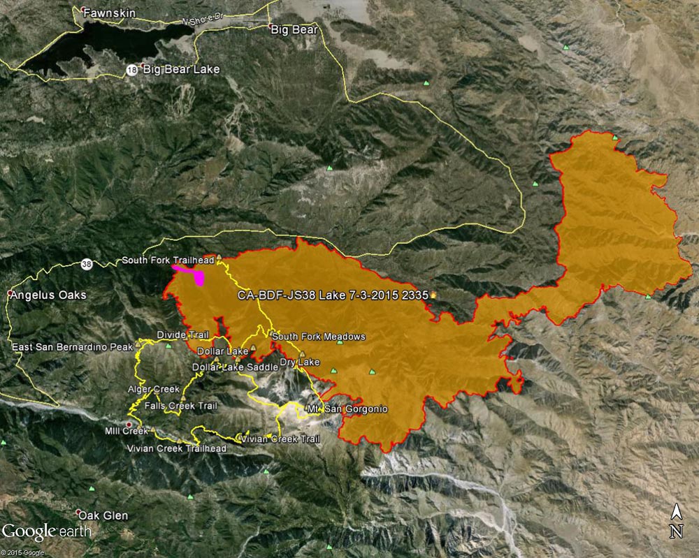 Google Earth image of 2015 Lake Fire perimeter from GEOMAC timestamped 07/03/15 2335. Placemark locations are approximate. The yellow GPS tracks show some of the trails in the area. The small magenta area on the NW of the fire perimeter is the initial perimeter from GEOMAC timestamped about 8 hours after the fire was reported.