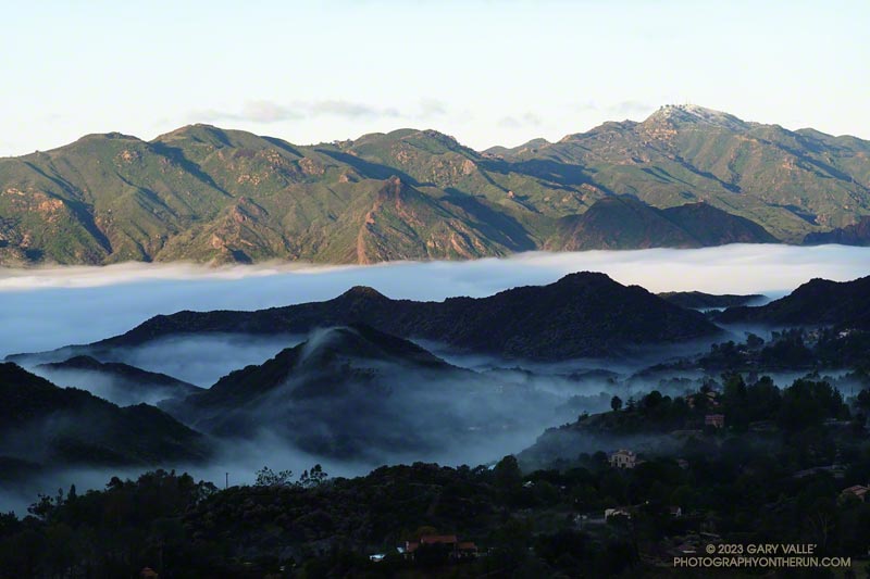 Castro Peak snow and Malibu Creek fog following 3-day storm in February 2023.