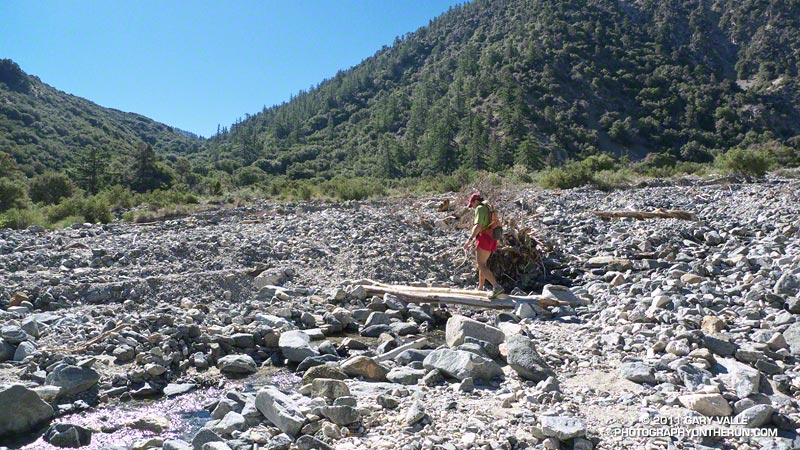 The route of the Manzanita Trail across the rubble in lower Dorr Canyon was better marked and more obvious than in some years. The trail is a segment of the High Desert National Recreation Trail. July 10, 2011.