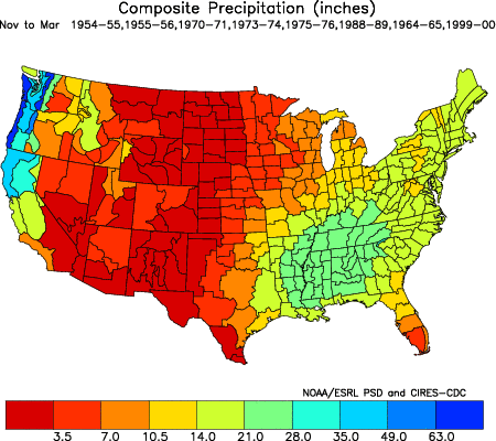 Mean Nov-Mar precipitation for the U.S. during 9 La Nina events from 1948 to the present (Earth System Research Laboratory,Physical Sciences Division).