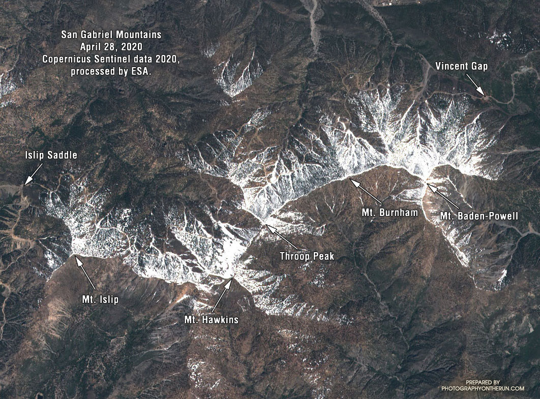 Copernicus Sentinel satellite imagery of snow along the crest of the San Gabriel Mountains, between Islip Saddle and Vincent Gap, on April 28, 2020. Placemark locations are approximate.