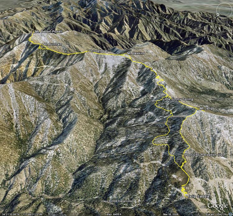 Google Earth image of a GPS trace of my route from Islip Saddle to Mt. Baden-Powell and back. GPS reception was poor climbing the ridge to Mt. Islip.