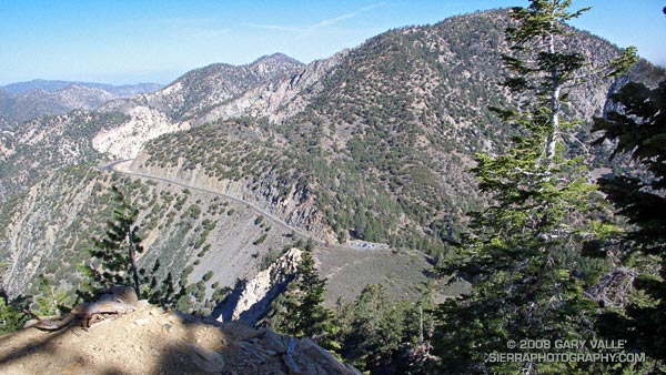 Angeles Crest Highway and the Islip Saddle parking area from the northwest ridge of Mt. Islip.