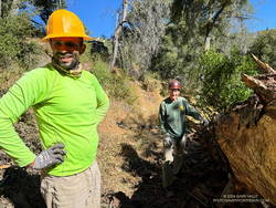 Jose and Gary cleaning debris underneath a log on the Gabrielino Trail near West Fork.