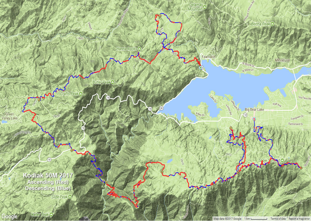 An overview of the 2017 Kodiak 50M course. Ascending segments are red and descending segments blue. Generated using SportTracks from my GPS track of the course.