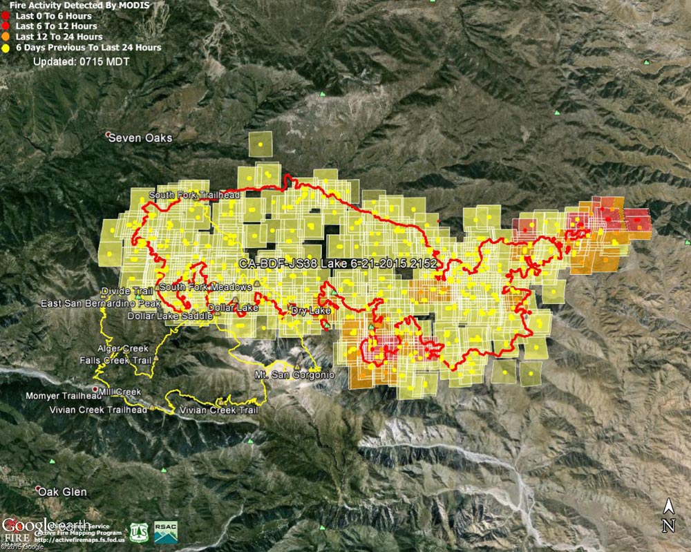 Google Earth image of 2015 Lake Fire MODIS fire detections as of 06/23/15 0715 MDT and the fire perimeter from GEOMAC timestamped 06/21/15 2152. Placemark locations are approximate. The yellow GPS tracks show some of the trails in the area.