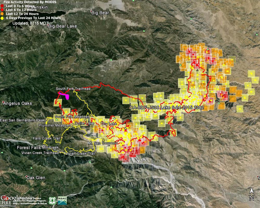 Google Earth image of 2015 Lake Fire MODIS fire detections as of 06/26/15 715 MDT and the fire perimeter from GEOMAC timestamped 06/24/15 2302. Placemark locations are approximate. The yellow GPS tracks show some of the trails in the area. The small magenta area on the NW of the fire perimeter is the initial perimeter from GEOMAC timestamped about 8 hours after the fire was reported.