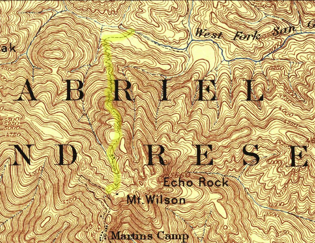 A section of the 1:62500 1897 edition of the USGS 1894 Los Angeles Sheet with the trail between the West Fork San Gabriel River and Mt. Wilson highlighted.