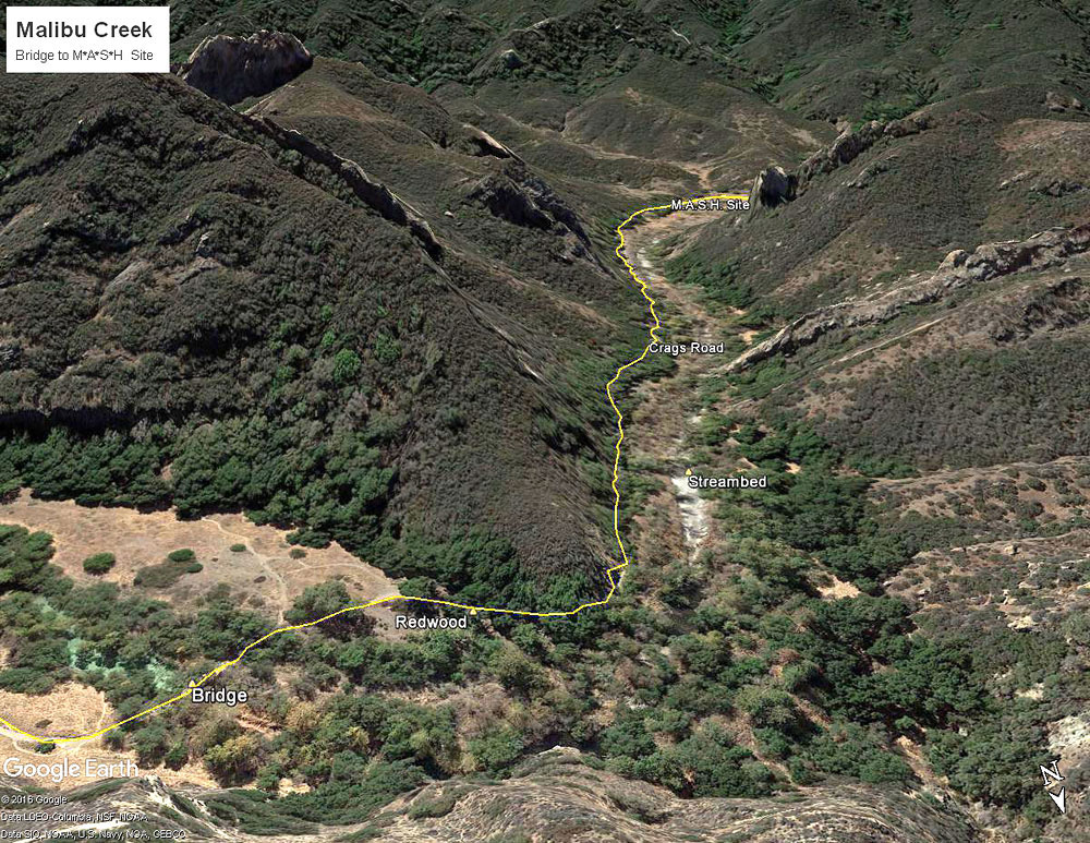This is a Google Earth overview of the section of Malibu Creek along Crags Road from the bridge near the Forest Trail to the M*A*S*H site.