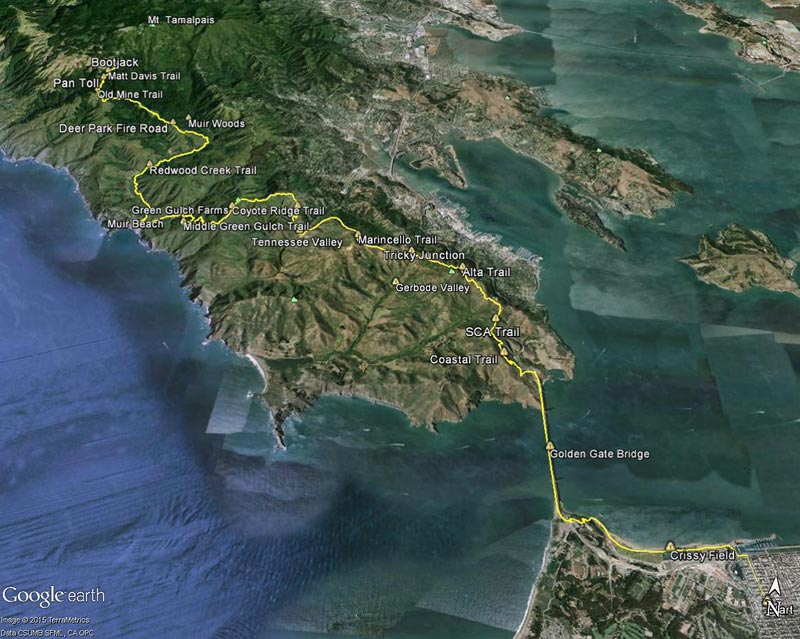 Google Earth overview of my route from the Marina District in San Francisco to the Bootjack parking area in Mt. Tamalpais State Park.