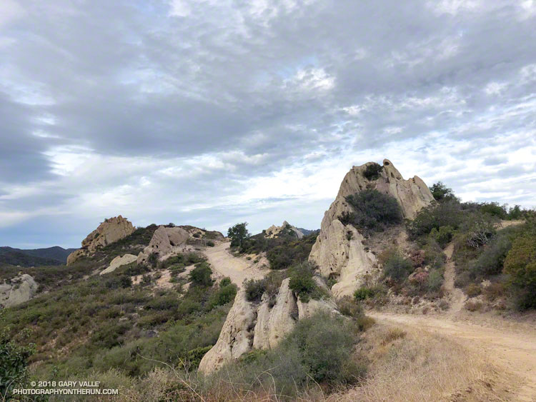 Rock outcrops of the Sespe Formation along the Mesa Peak Mtwy segment of the Backbone Trail in the Santa Monica Mountains.