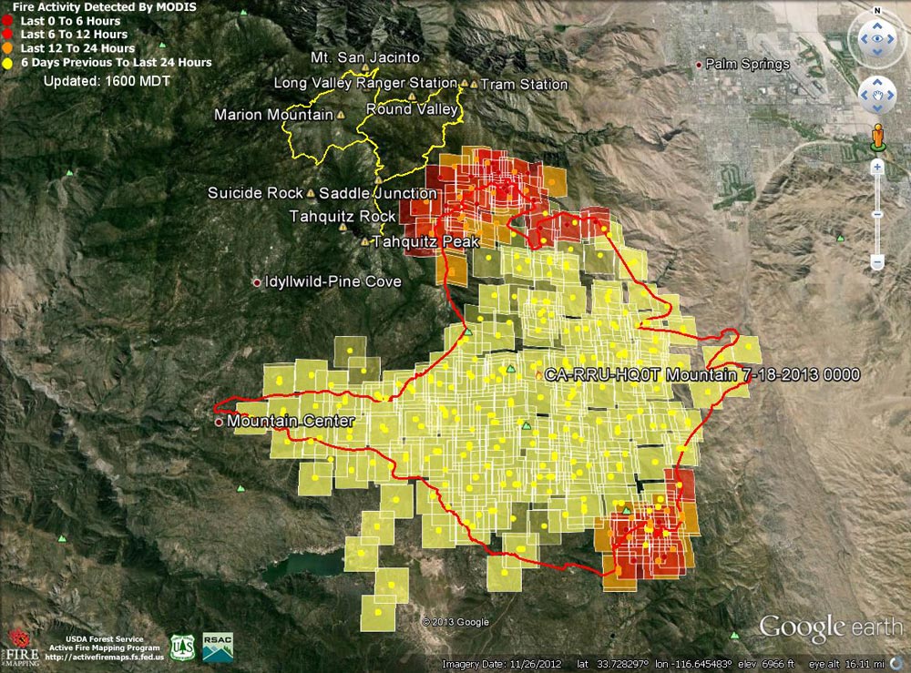 Google Earth image of 2013 Mountain Fire MODIS fire detections as of 07/18/13 1600 MDT. Also included is the fire perimeter from GEOMAC timestamped 07/18/13 0000. Placemark locations are approximate. GPS tracks (yellow) from various runs have been added to mark some of the trails on San Jacinto Peak.