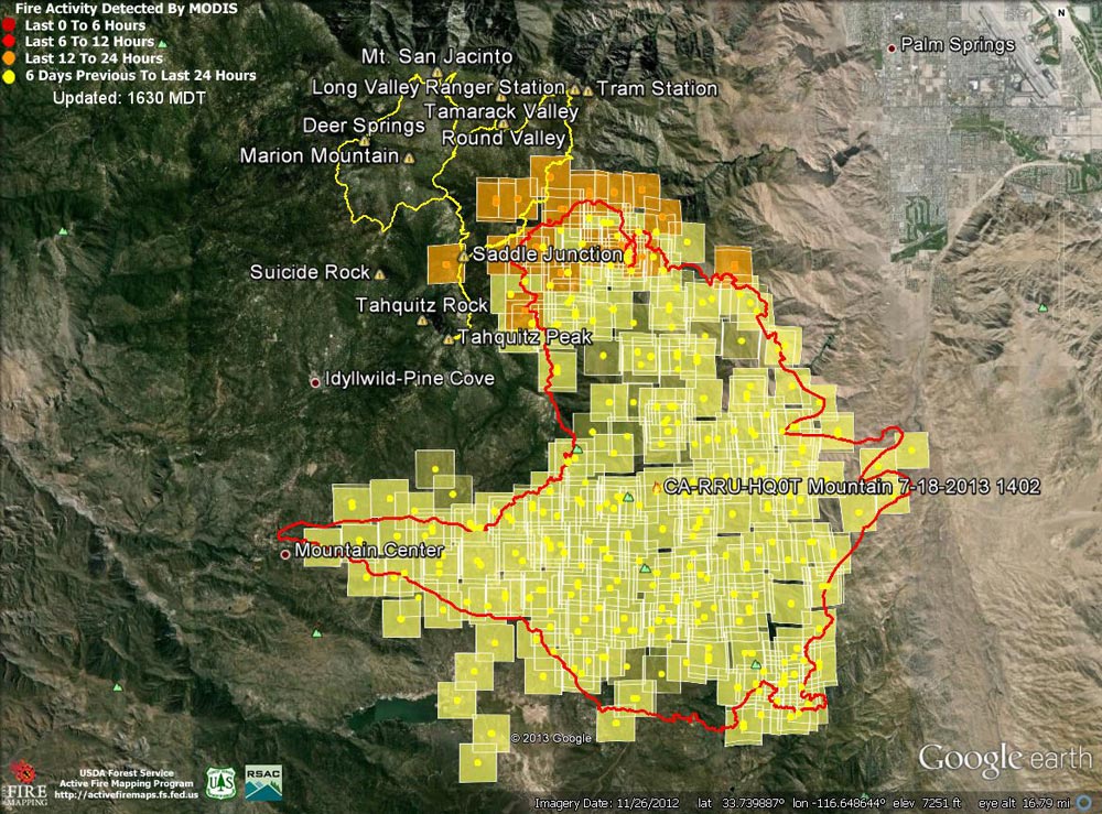Google Earth image of 2013 Mountain Fire MODIS fire detections as of 07/19/13 1630 MDT. Also included is the fire perimeter from GEOMAC timestamped 07/18/13 1402. Placemark locations are approximate. GPS tracks (yellow) from various runs have been added to mark some of the trails on San Jacinto Peak.