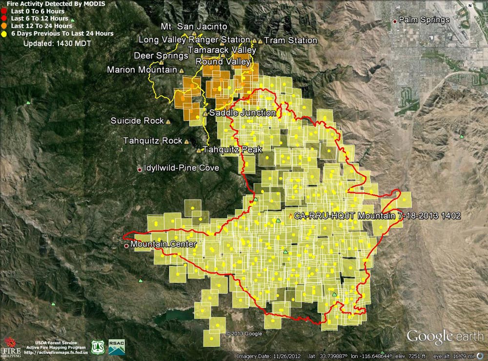 Google Earth image of 2013 Mountain Fire MODIS fire detections as of 07/20/13 1430 MDT. Also included is the fire perimeter from GEOMAC timestamped 07/18/13 1402. Placemark locations are approximate. GPS tracks (yellow) from various runs have been added to mark some of the trails on San Jacinto Peak.