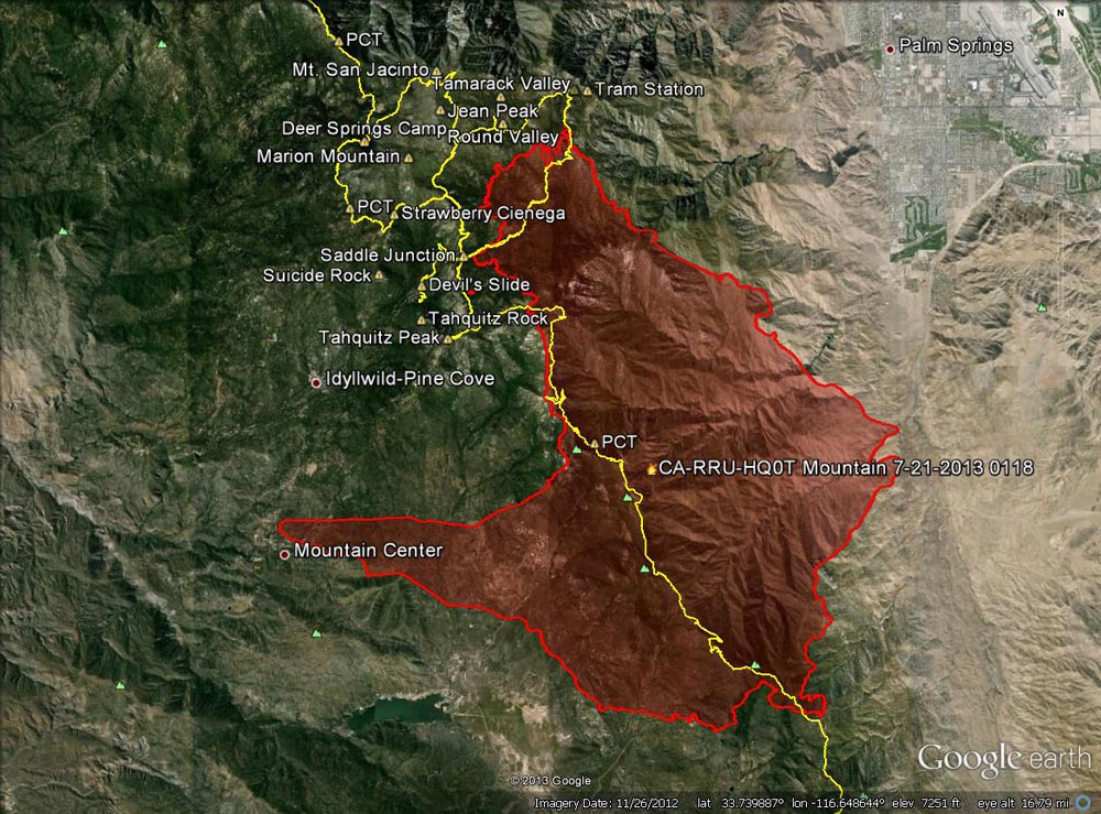 Google Earth image of 2013 Mountain Fire perimeter from GEOMAC timestamped 07/21/13 0118. Placemark locations are approximate. GPS tracks (yellow) of some of the area's trails have been added.
