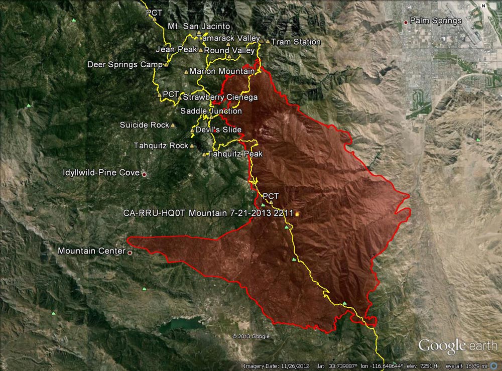 Google Earth image of 2013 Mountain Fire perimeter from GEOMAC timestamped 07/21/13 2211. Placemark locations are approximate. GPS tracks (yellow) of some of the area's trails have been added.