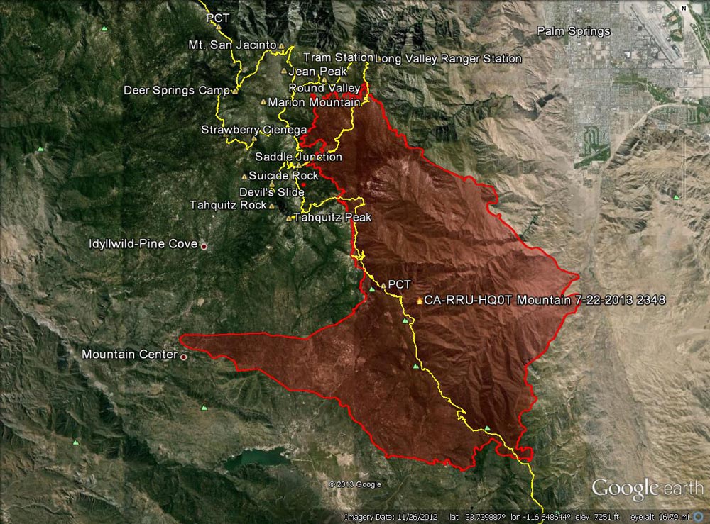 Google Earth image of 2013 Mountain Fire perimeter from GEOMAC timestamped 07/22/13 2348. Placemark locations are approximate. GPS tracks (yellow) of some of the area's trails have been added.