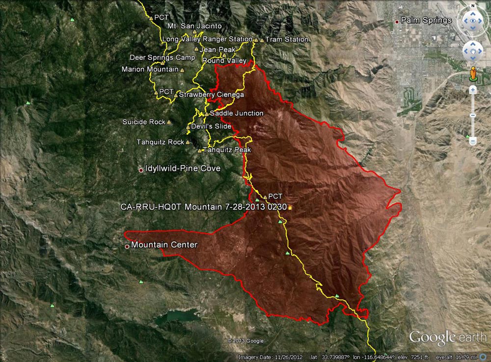Google Earth image of 2013 Mountain Fire perimeter from GEOMAC timestamped 07/28/13 0230. Placemark locations are approximate. GPS tracks (yellow) of some of the area's trails have been added.