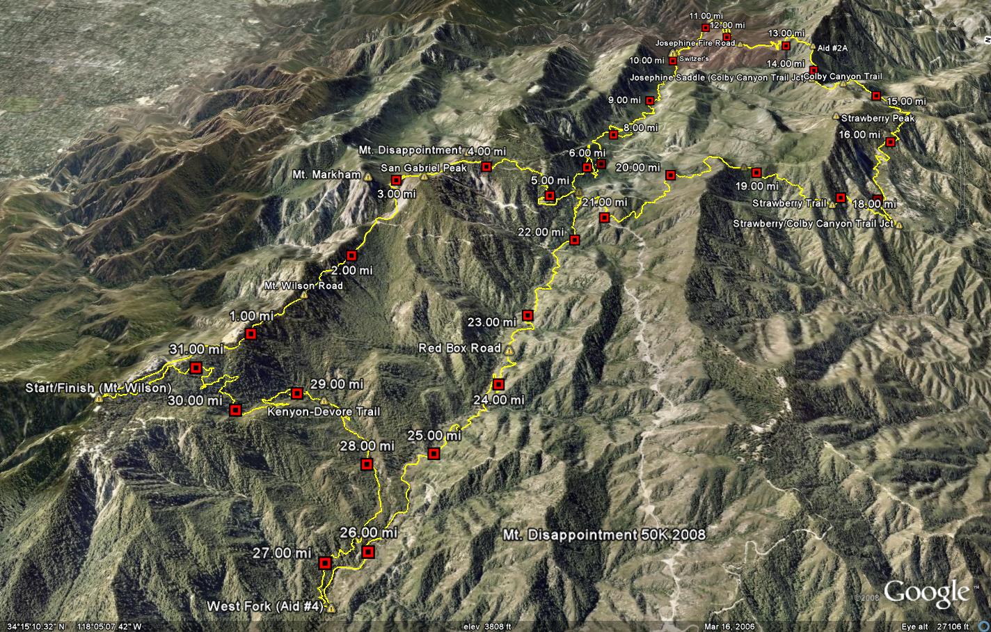 Google Earth image of a GPS trace of the Mt. Disappointment 50K course.