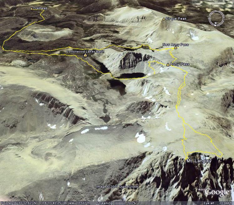 Google Earth image of a GPS trace of the Mt. Langley keyhole loop.