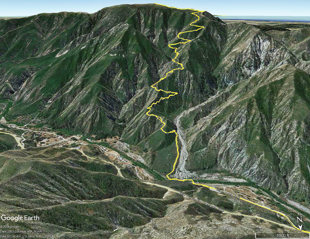 A Google Earth image of Mt. Lukens with my GPS trace of the route of the Stone Canyon Trail.
