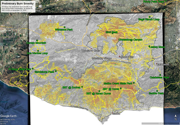 Google Earth image of a preliminary burn severity map for the Woolsey Fire from NASA Earth Observatory with selected trails added.