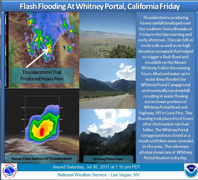 NWS Las Vegas Weather Story about the flash flood at Whitney Portal Friday evening, July 29, 2011.