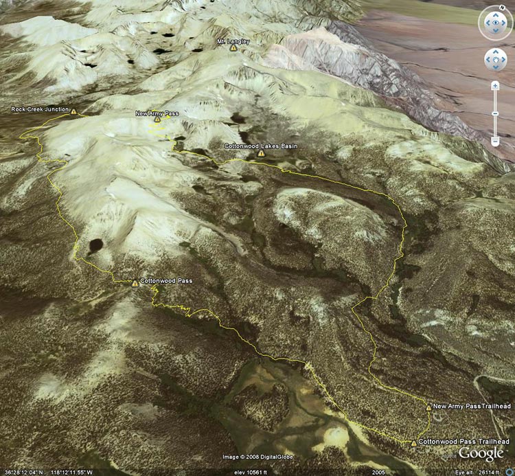 Google Earth image of the Cottonwood Loop from Horseshoe Meadows.