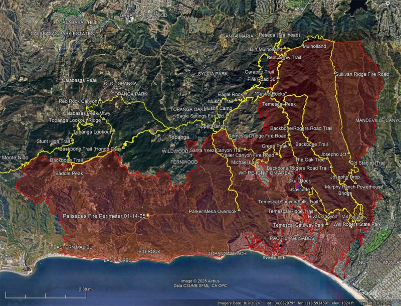 2025 Palisades Fire perimeter and some area trails.