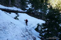 Icy stretch of snow on the PCT at 7100', about 0.7 mile from Islip Saddle.
