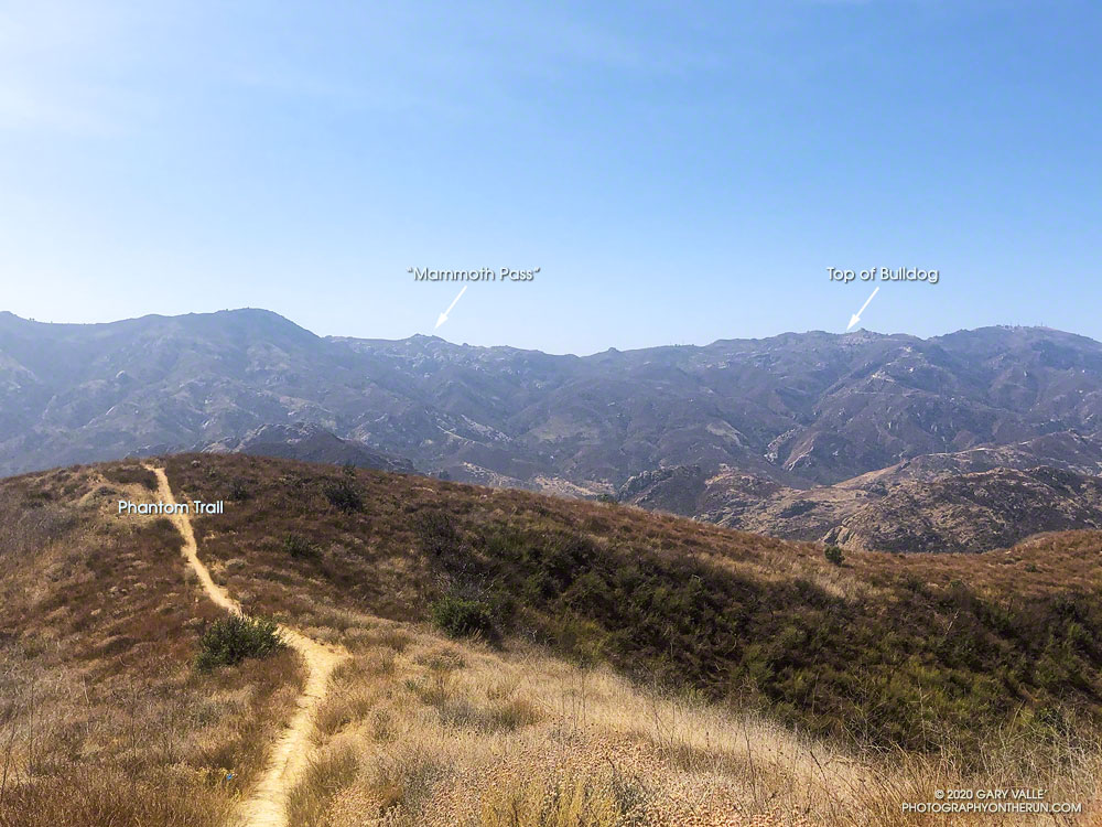 From the Phantom Trail, near the end of the loop, you get an excellent view of the Bulldog loop's route along the crest of the Santa Monica Mountains. The approximate location of the top of the Bulldog climb and 