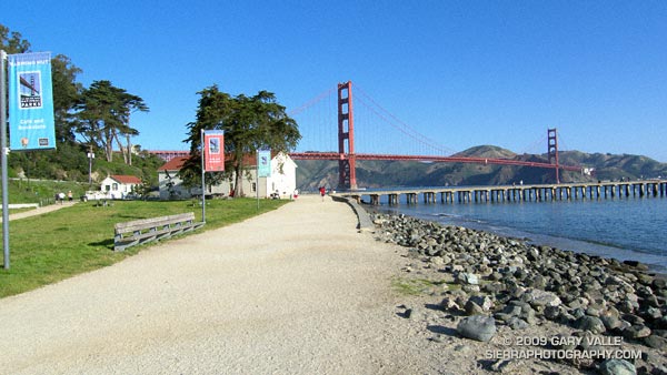 Warming Hut and the Golden Gate Bridge on the Golden Gate Promenade segment of our Presidio loop trail run.