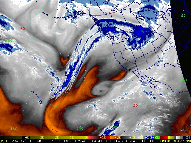 RAMDIS GOES-11 Water Vapor image showing cut-off upper low out in eastern Pacific, between Baja and Hawaii.