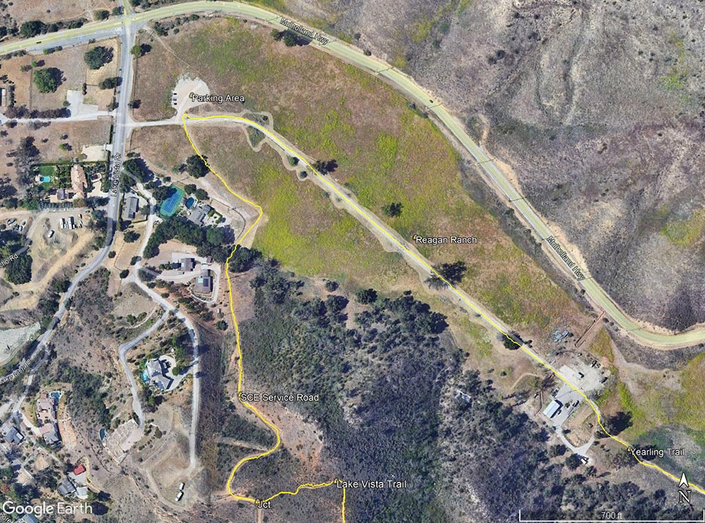 Google Earth image of a route used to connect the parking area near Mulholland Hwy. and Lake Vista Drive to the Lake Vista Trail.
