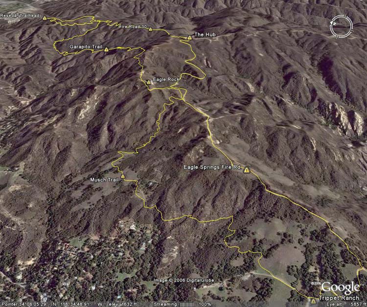 Google Earth image of fire roads out, trails back course from the end of Reseda to Trippet Ranch.