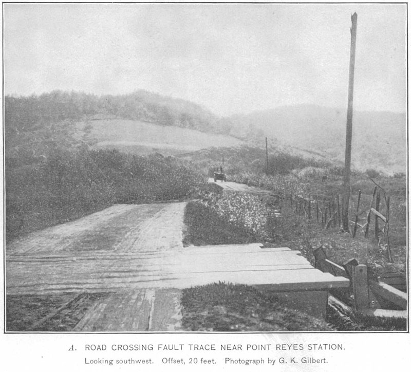Road near Pt. Reyes Station offset by 20 feet by the 1906 San Francisco Earthquake. Photograph by G.K. Gilbert from USGS Bulletin No. 324, THE SAN FRANCISCO EARTHQUAKE AND FIRE OF APRIL 18, 1906 AND THEIR EFFECTS ON STRUCTURES AND STRUCTURAL MATERIALS.