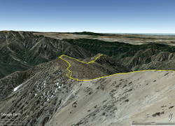 Google Earth image of GPS track down the South Ridge of Mt. Baden-Powell to Ross Mountain