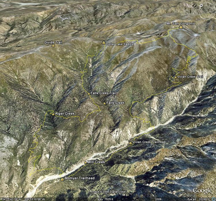 Google Earth image of a GPS trace of the Falls Creek - Vivian Creek loop on Mt. San Gorgonio.