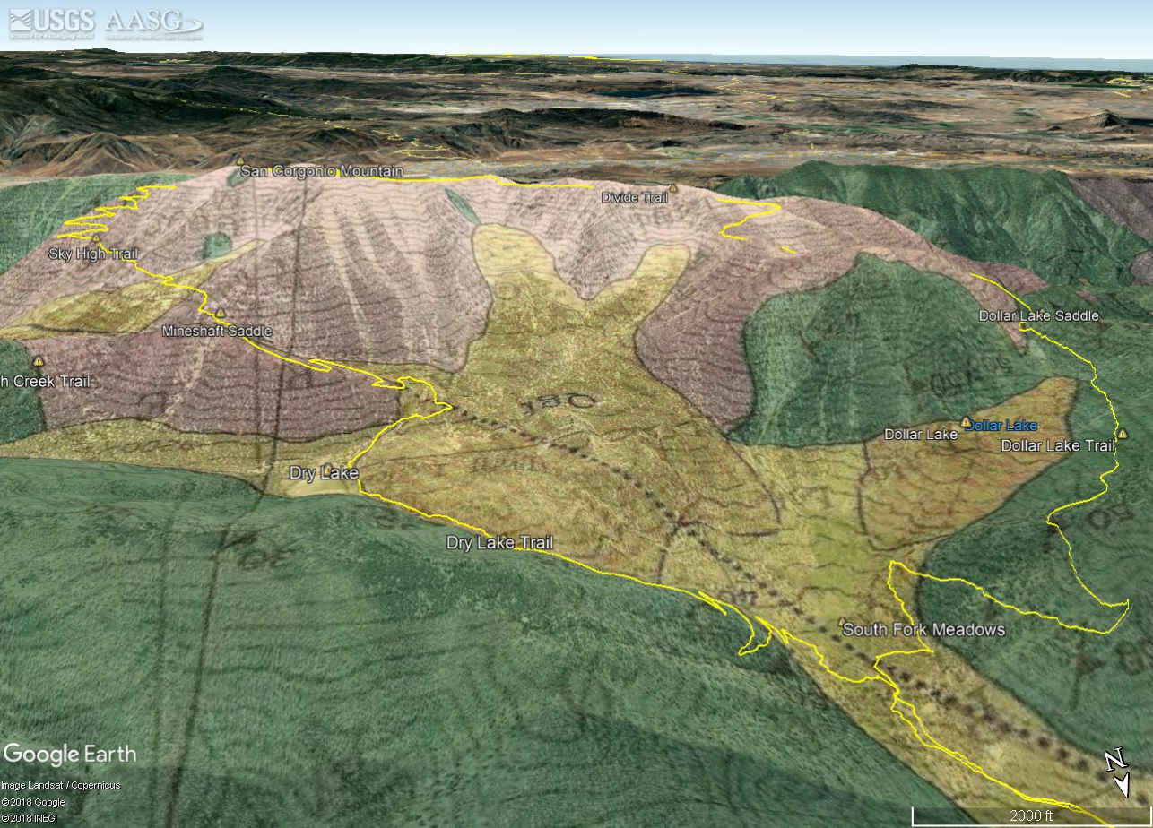 Google Earth image of Dibblee San Gorgonio Mountain Geologic Map with my GPS track added. Areas of glacial till are buff-colored and labeled Qgt. The Big Draw, in the center of the image, held the largest glacier.